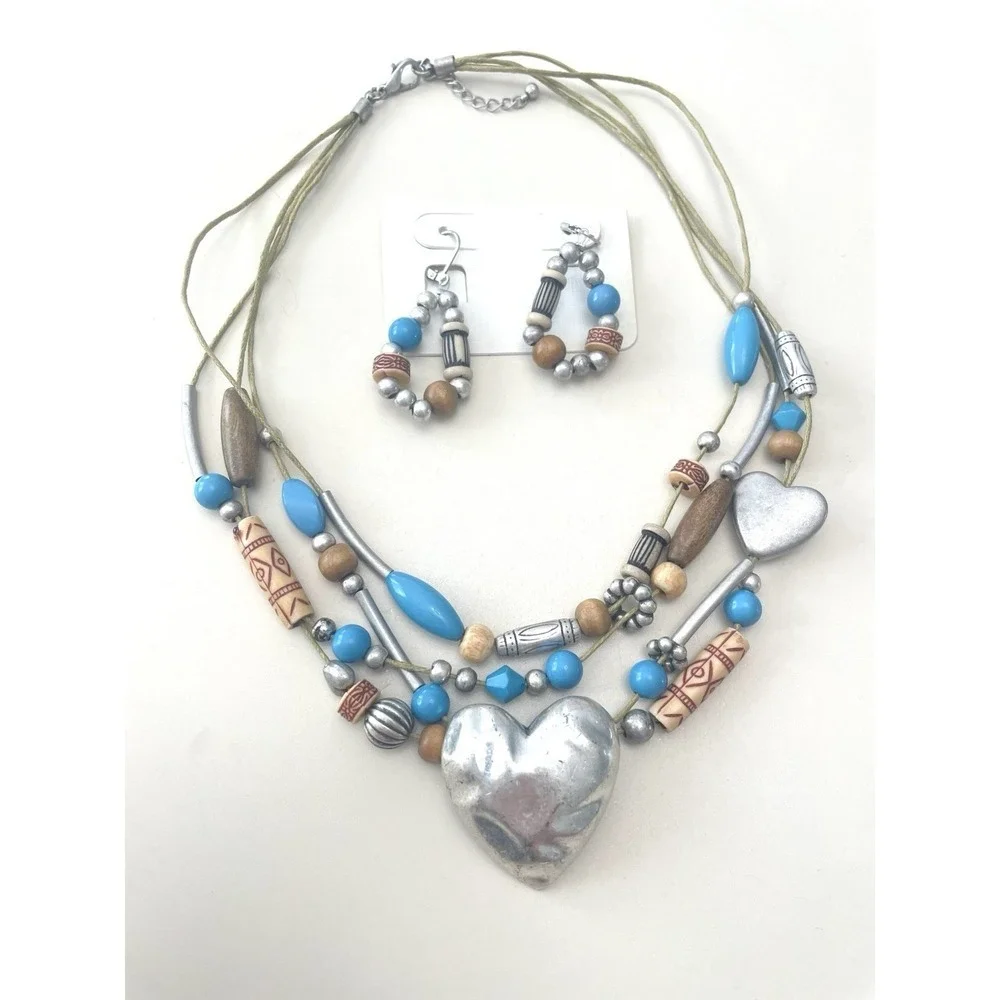 Multi-strand Beaded Necklace and Earring Set Heart Silver Tone Rodeo Western